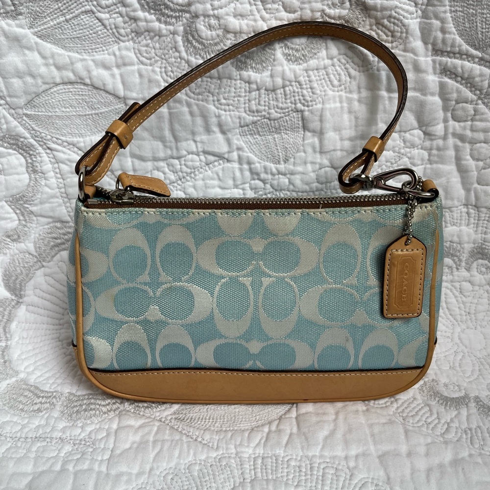 COACH mini bag. Light Blue fabric with leather trim